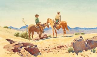 Maynard Dixon - Two cowboys on horses paper 12 3/4 x 21 1/2 in. framed 24 x 32 in.