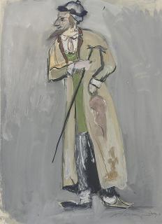 Meier Akselrod - Costume design for Badkhen from \'Boytre der Gazlen\' (illustrated); and Curtain design for \'Boytre der Gazlen\'