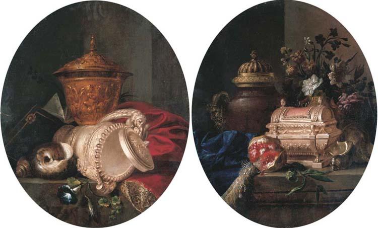 Meiffren Conte - A sculpted gold cup, a silver-gilt cup and cover, a shell and bluebells on a partially draped stone ledge; A silver sewing box, an ewer and a pomegranate on a partially draped stone ledge