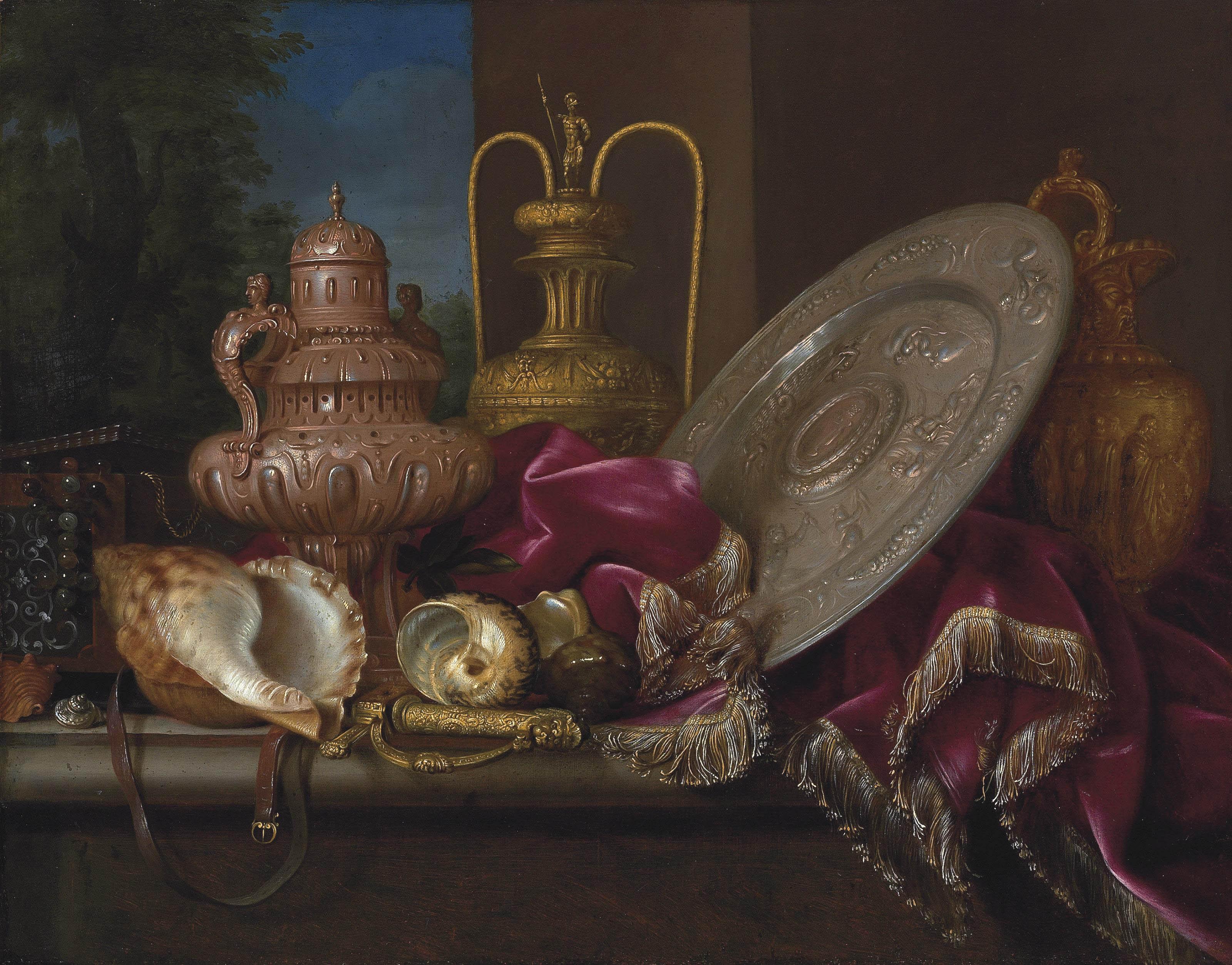 Meiffren Conte - A silver incense burner and sideboard dish, a silver-gilt ewer and vase with nautilus shells, a sabre and a jewelry box on a ledge draped with a velvet curtain