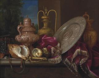 Meiffren Conte - A silver incense burner and sideboard dish, a silver-gilt ewer and vase with nautilus shells, a sabre and a jewelry box on a ledge draped with a velvet curtain
