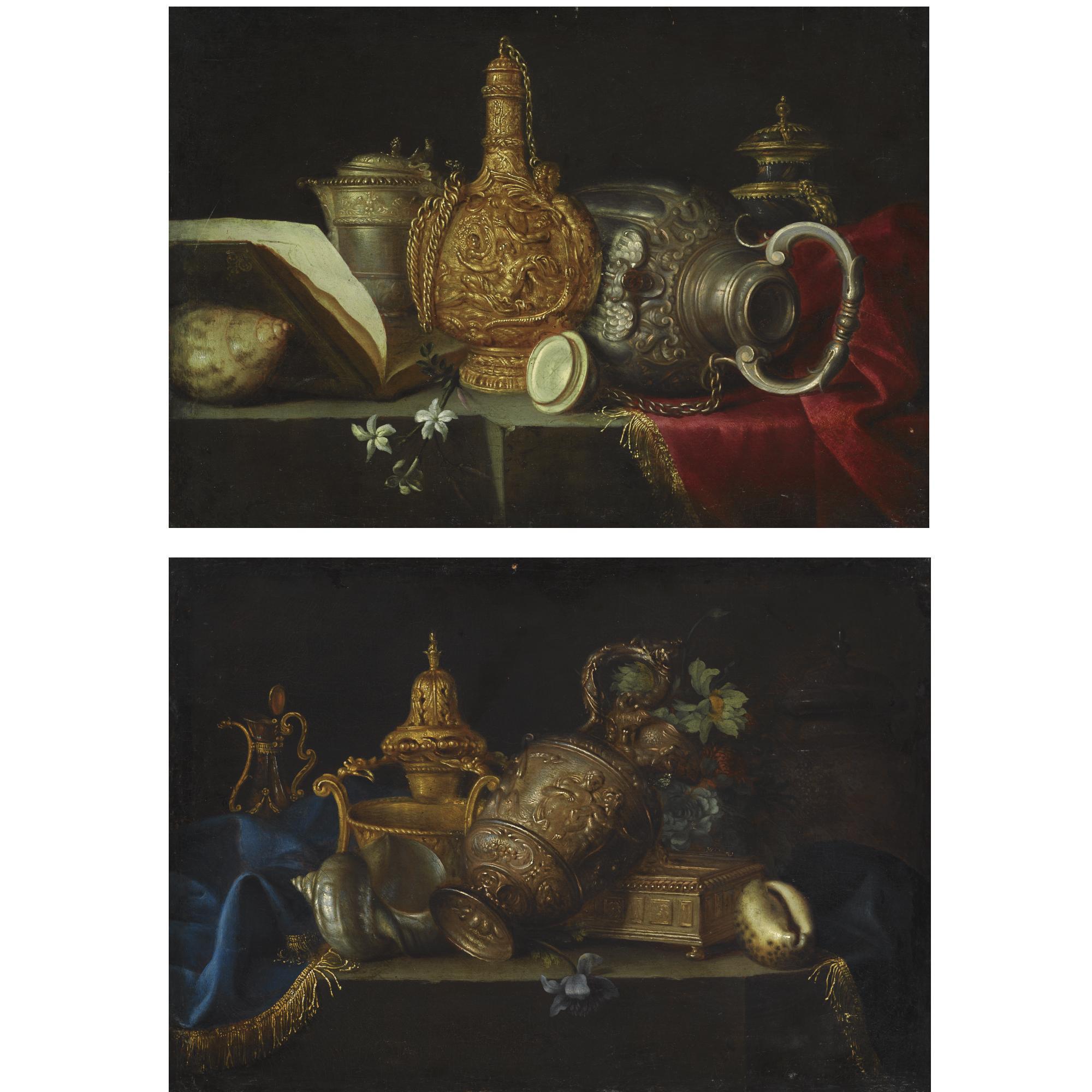 Meiffren Conte - A Still Life With A Shell, Sculpted Jars And A Flower, All On A Partly Draped Stone Ledge; A Still Life With Two Shells, Sculpted Jars And Flowers, All On A Partly Draped Stone Ledge