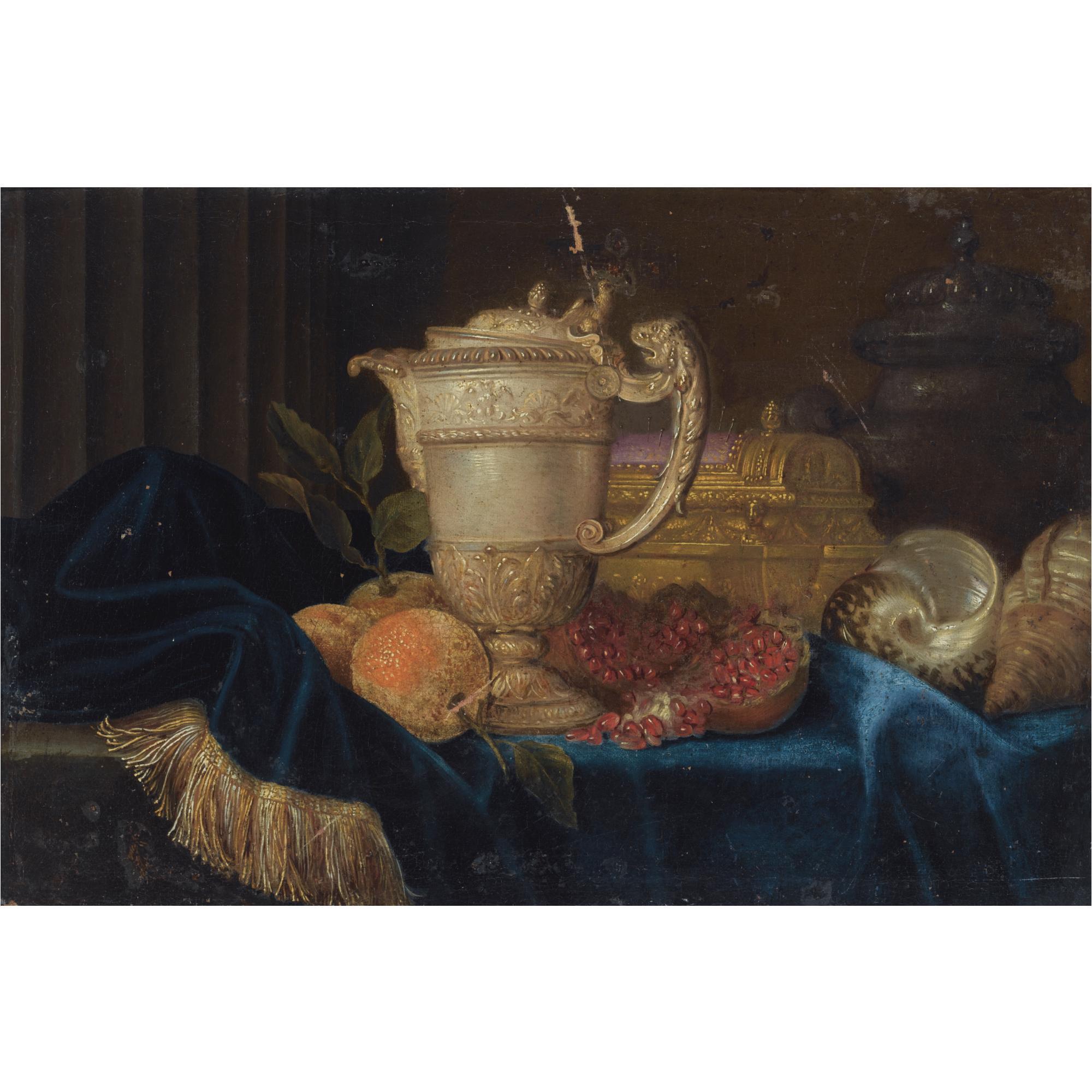 Meiffren Conte - A Still Life With An Ornate Silver Gilt Ewer, A Silver Gilt Jewellery Casket, Shells, Oranges And A Pomegranate, All Arranged On A Partly Draped Stone Ledge