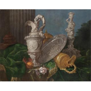 Meiffren Conte - A Still Life With Elaborate Silver And Gold Jugs, A Silver Platter Representing The Judgement Of Paris, A Candlestick With Hercules And Various Fruit All Arranged On A Partly Draped Table