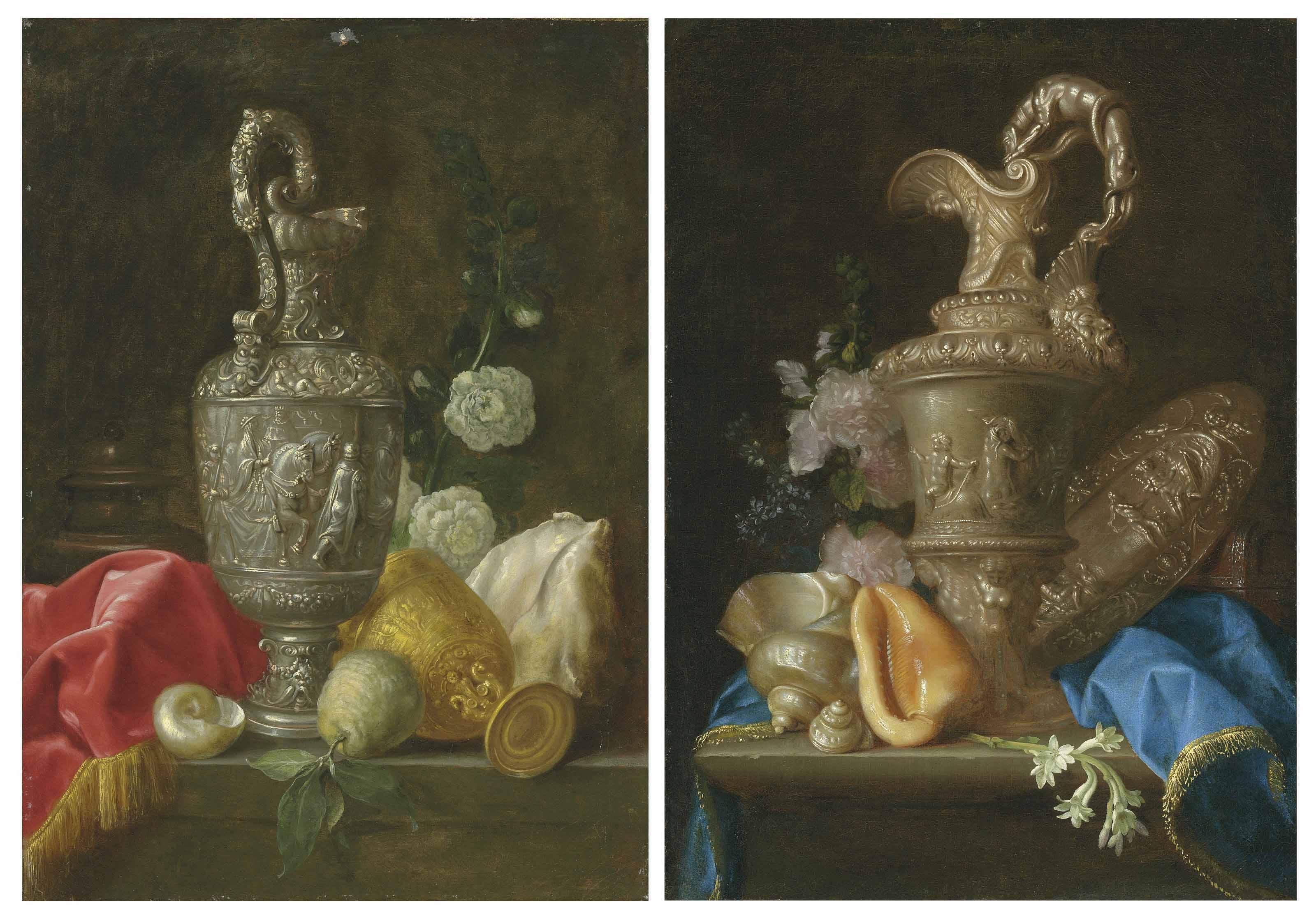 Meiffren Conte - An Ornate Silver Ewer, A Gilt Chalice, Shells And A Quince, On A Partly-Draped Stone Ledge; And An Ornate Silver Ewer, A Silver Basin With The Judgement Of Paris, Shells And Flowers, On A Partly-Draped Stone Ledge