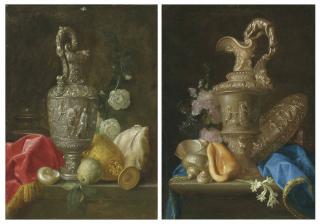Meiffren Conte - An Ornate Silver Ewer, A Gilt Chalice, Shells And A Quince, On A Partly-Draped Stone Ledge; And An Ornate Silver Ewer, A Silver Basin With The Judgement Of Paris, Shells And Flowers, On A Partly-Draped Stone Ledge