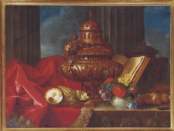 Meiffren Conte - Still life with a silver vessel, flowers and shells on a table