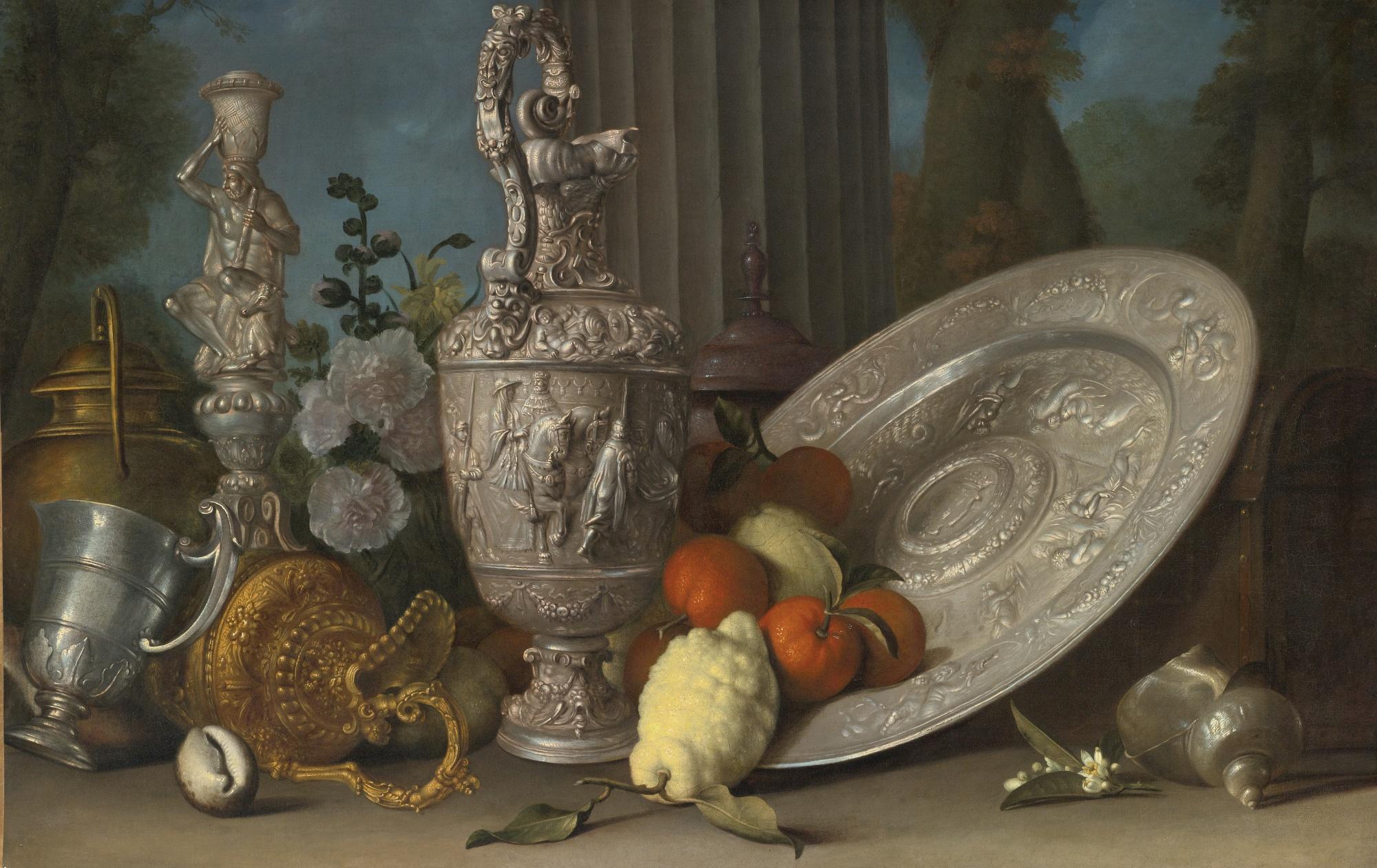 Meiffren Conte - Still Life With Hercules Candlestick, Silver Gilt Ewer, Lemons And Oranges On A Sideboard Dish, Nautilus Shell, And Other Objects Arranged On A Ledge With A Column Beyond