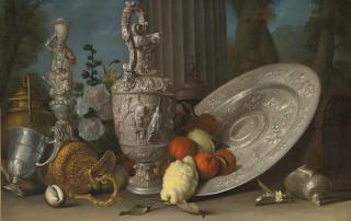 Meiffren Conte - Still Life With Hercules Candlestick, Silver Gilt Ewer, Lemons And Oranges On A Sideboard Dish, Nautilus Shell, And Other Objects Arranged On A Ledge With A Column Beyond