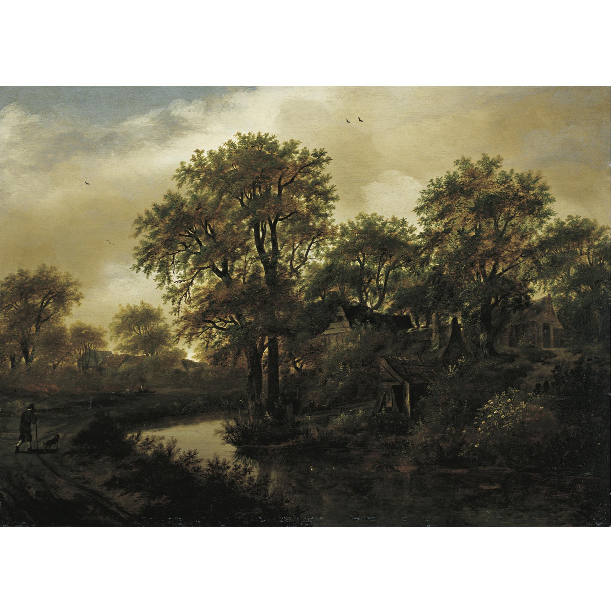 Meindert Hobbema - A Landscape With A Stream, Cottages In A Wood, And A Peasant With His Dog On A Path
