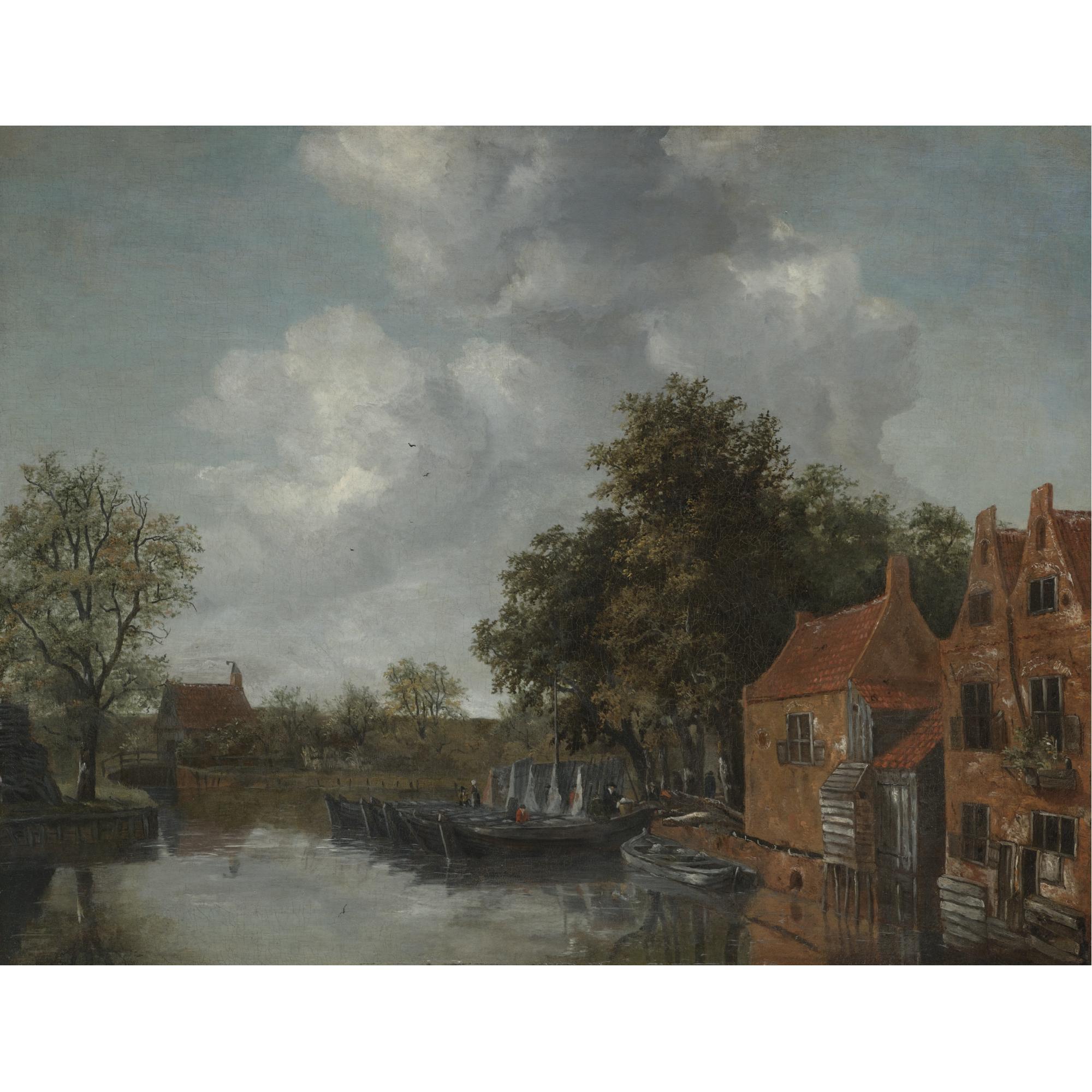 Meindert Hobbema - A View On A Canal In A Dutch Village With Barges Moared On The Quay  Near Houses