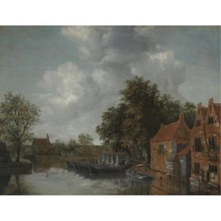 Meindert Hobbema - A View On A Canal In A Dutch Village With Barges Moared On The Quay  Near Houses