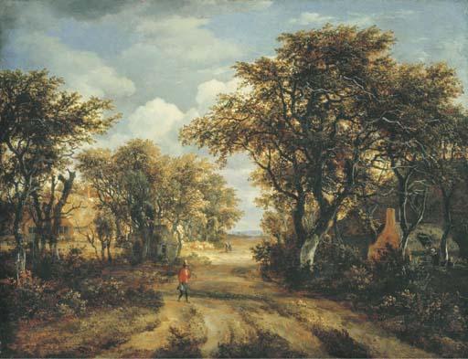 Meindert Hobbema - A wooded landscape with a hunter and other figures on a path