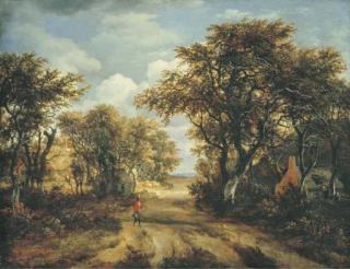 Meindert Hobbema - A wooded landscape with a hunter and other figures on a path