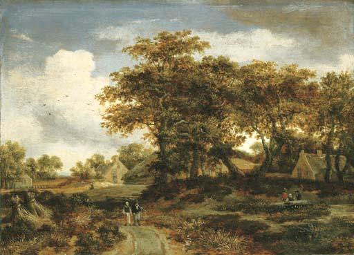 Meindert Hobbema - A wooded landscape with peasants and a village