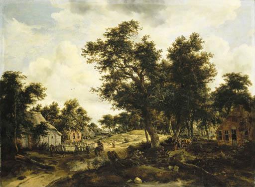 Meindert Hobbema - A Wooded Landscape With Travellers On A Path Through A Hamlet