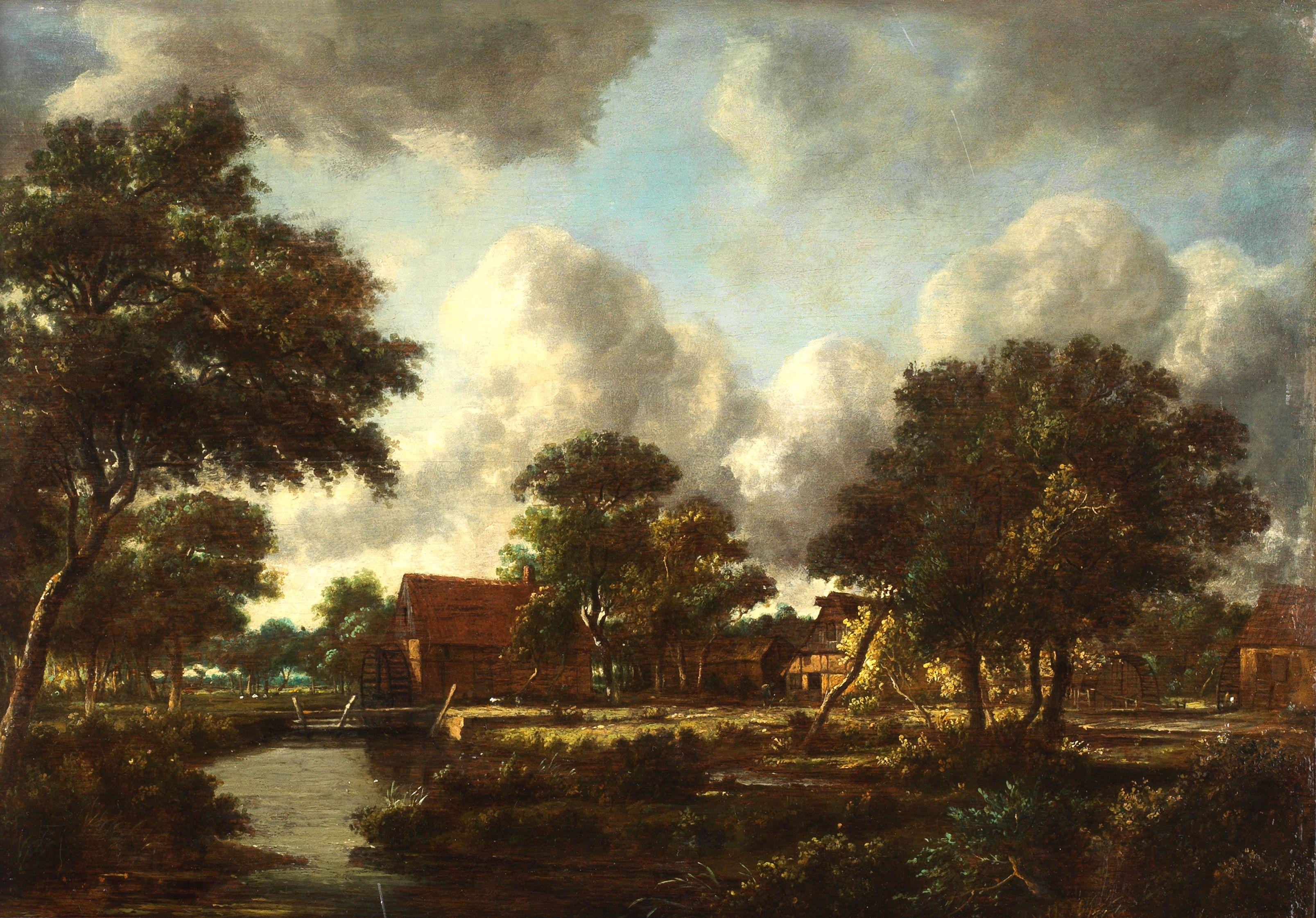 Meindert Hobbema - A wooded landscape with water mills