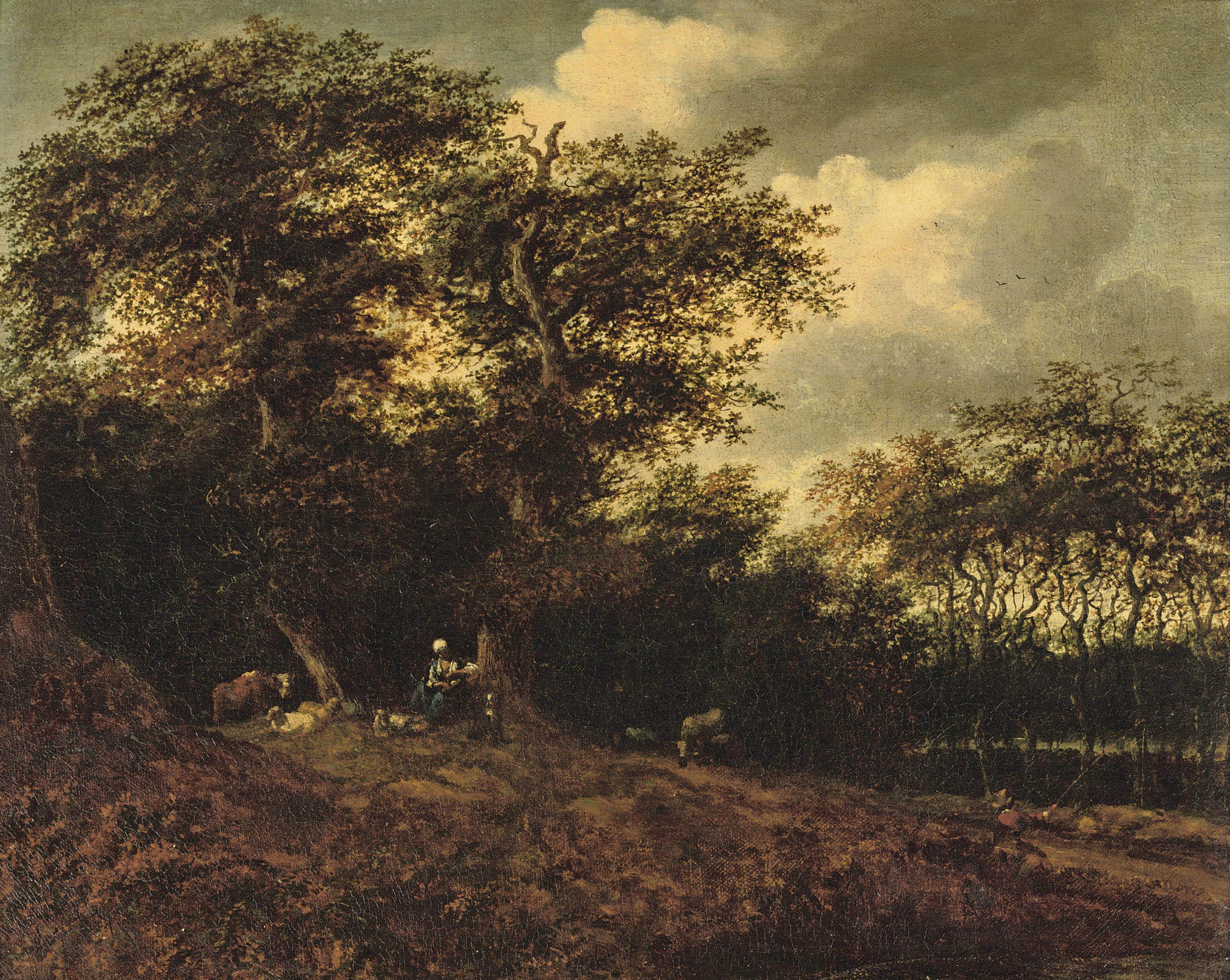 Meindert Hobbema - A wooded river landscape with a shepherdess resting with her cattle
