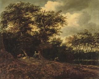 Meindert Hobbema - A wooded river landscape with a shepherdess resting with her cattle