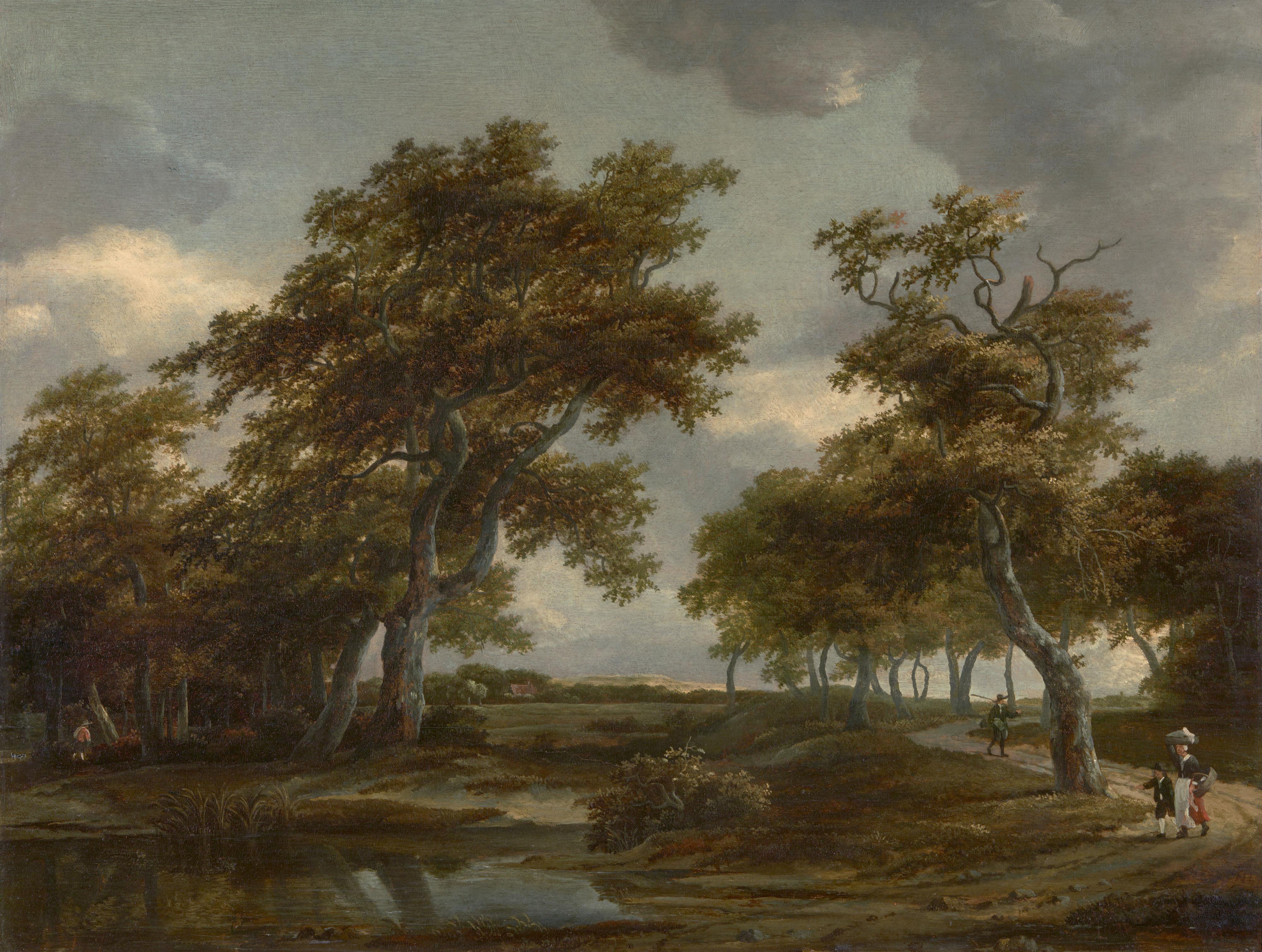 Meindert Hobbema - Bewaldete Flusslandschaft mit Figuren auf einem Weg