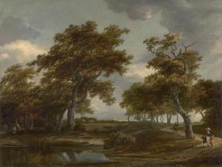 Meindert Hobbema - Bewaldete Flusslandschaft mit Figuren auf einem Weg
