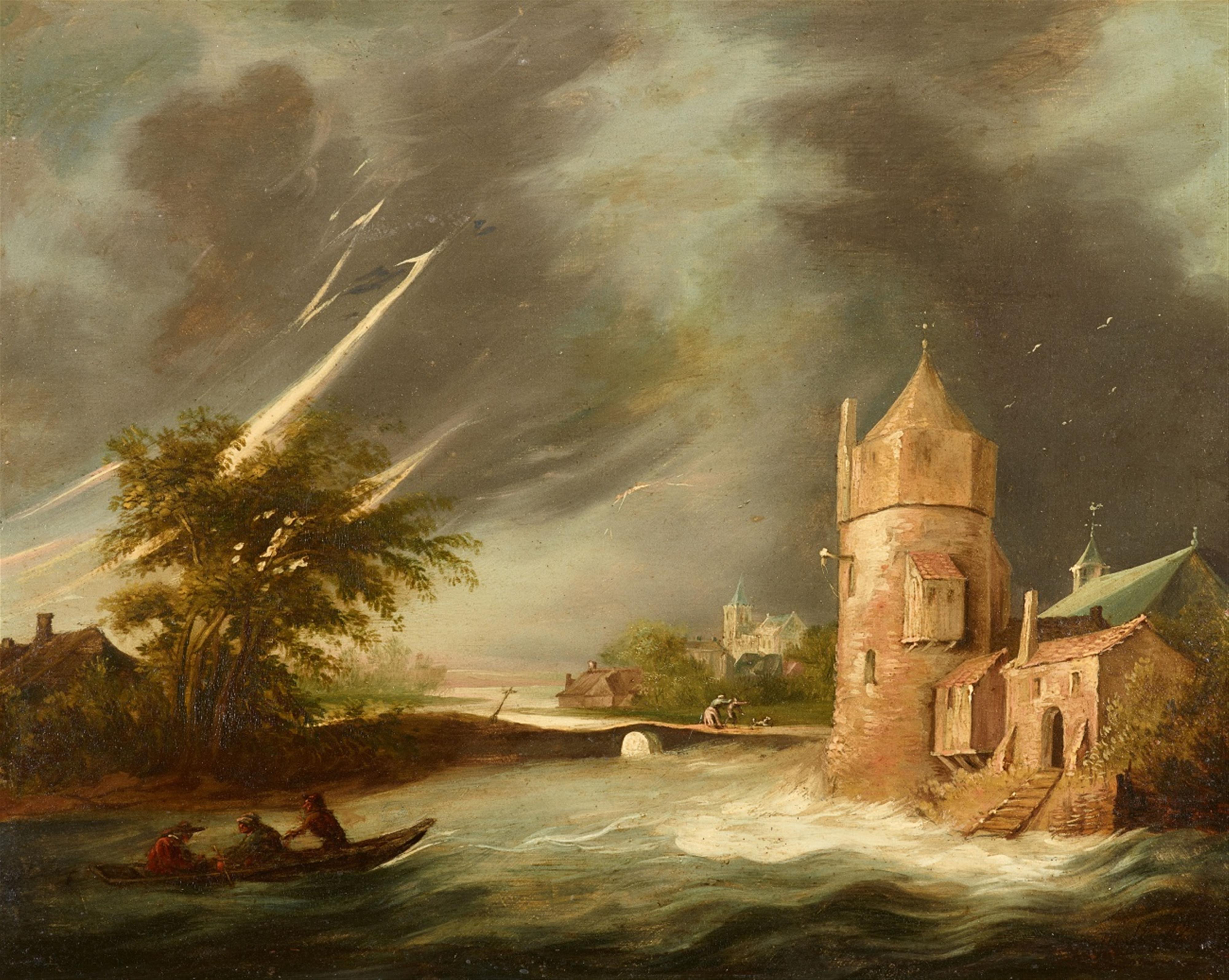 Meindert Hobbema - Flusslandschaft mit Turm im Gewitter