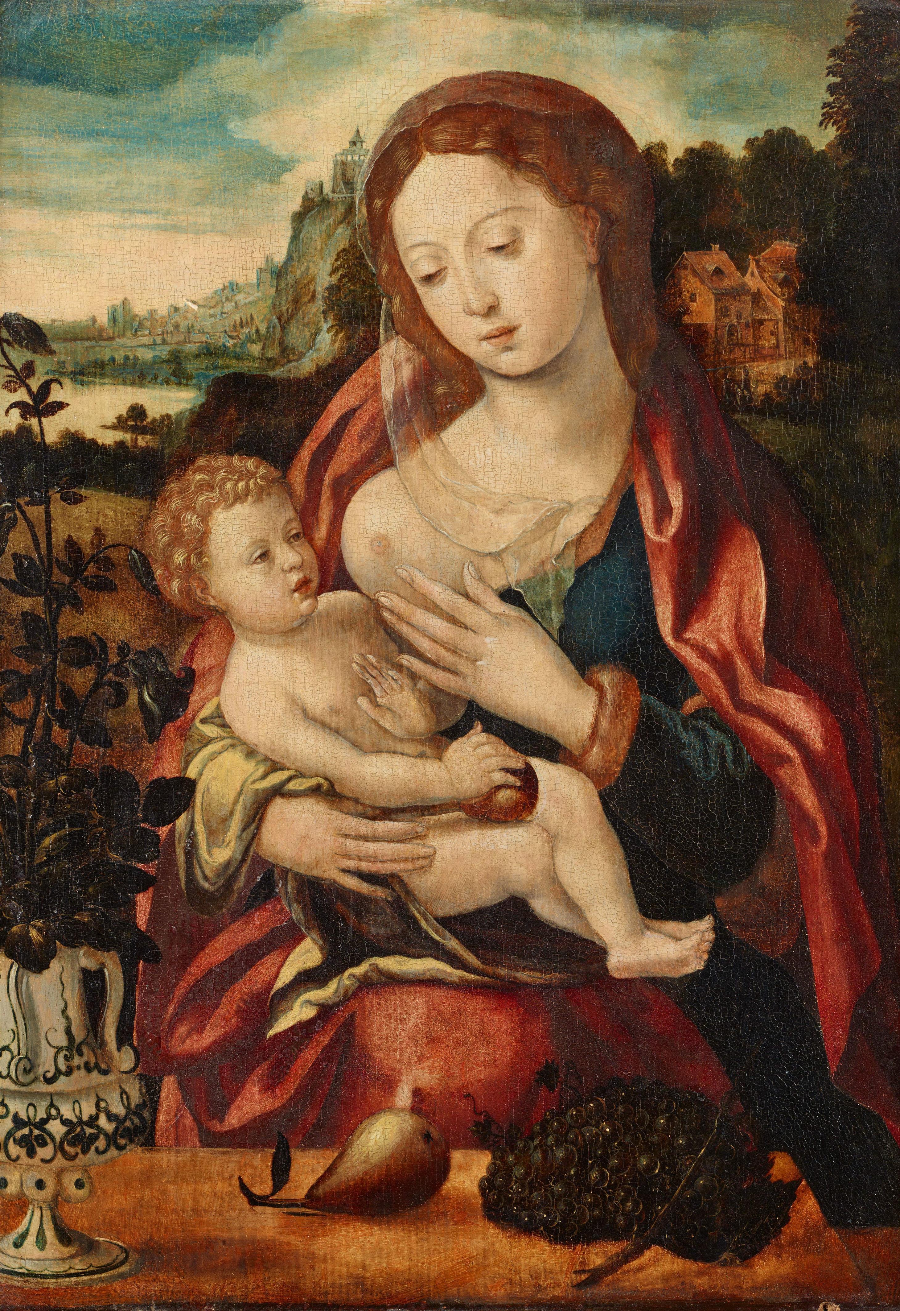 Meister mit dem Papagei - Madonna mit Kind vor einer Landschaft