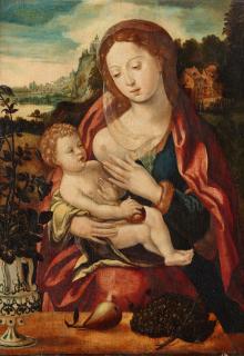 Meister mit dem Papagei - Madonna mit Kind vor einer Landschaft