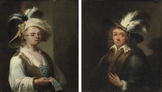 Melchior Brassauw - Portrait of a lady, half-length, in a pastoral dress with a feathered hat; and Portrait of a gentleman, half-length, in a fur-trimmed black coat and feathered hat