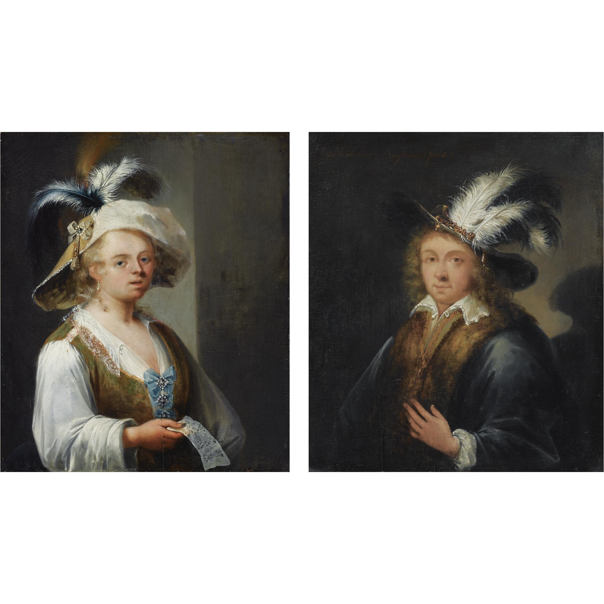 Melchior Brassauw - Portrait Of A Lady, Half Length, Wearing A Pastoral Dress With A Wide-Brimmed Feathered Hat, Holding A Music Sheet; Portrait Of A Gentleman, Half Length, Wearing A Fur-Trimmed Black Coat With A White Chemise And A Feathered Hat