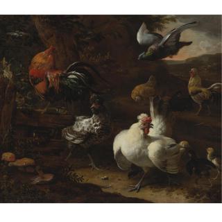 Melchior de Hondecoeter - A Farmyard Scene With Poultry, Chicks And A Pigeon, A Wooded Landscape Beyond