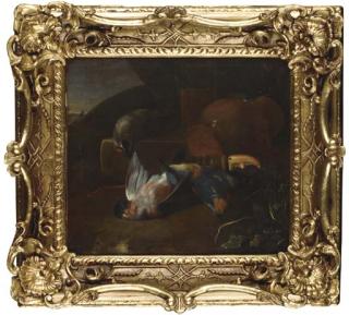 Melchior De Hondecoeter - A kingfisher and songbirds by an overturned vase on a ledge