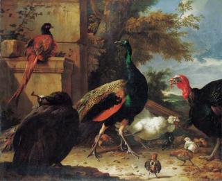 Melchior De Hondecoeter - A peacock, a peahen, a pheasant, a turkey, a cockerel and chicks by a wall, a landscape beyond