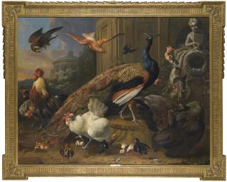 Melchior De Hondecoeter - A Peacock And Peahen, Together With A Cockerel And Other Poultry, A Swallow, Pigeon And Hoopoe Beside A Fountain In A Garden, All Disturbed By The Arrival Of A Falcon