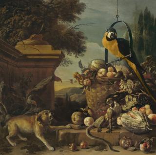 Melchior D\'Hondecoeter - A Blue-And-Yellow Macaw On A Perch, A Dog And A Monkey With Fruit In A Garden Landscape
