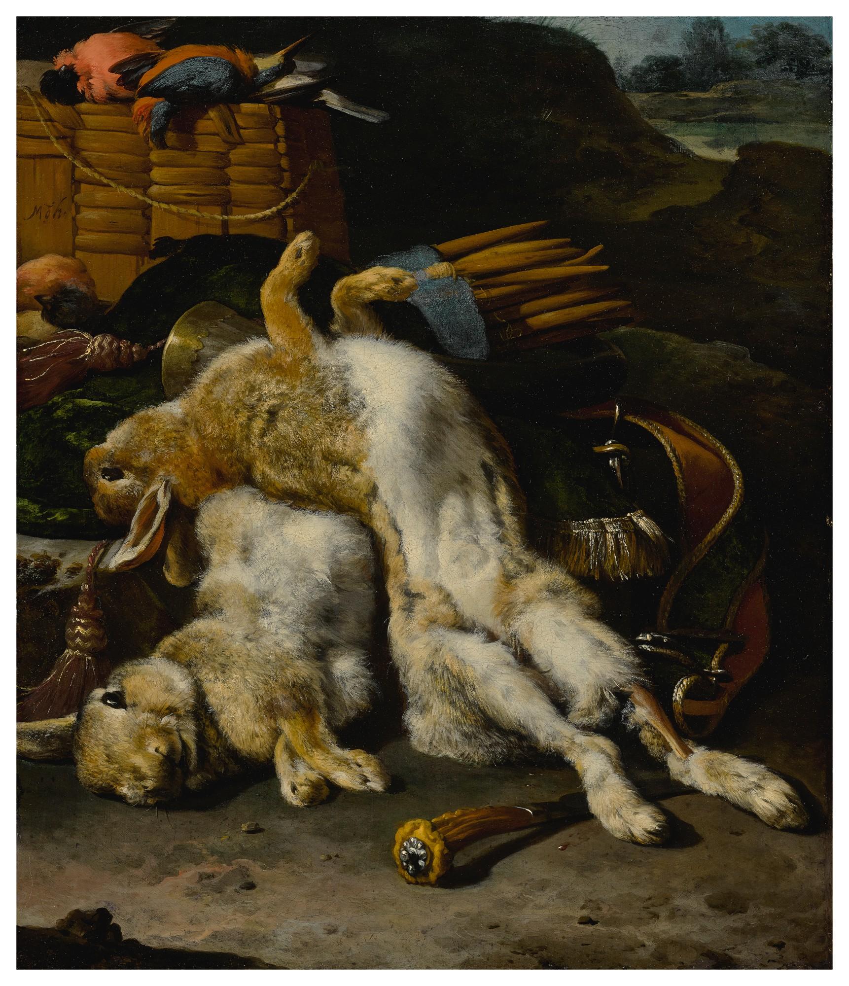 Melchior D\'Hondecoeter - A brace of rabbits and small birds with hunting equipment in a landscape