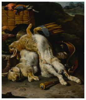 Melchior D\'Hondecoeter - A brace of rabbits and small birds with hunting equipment in a landscape