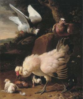 Melchior d\'Hondecoeter - A Chicken, Chicks And Pigeons On A Fence, In A Landscape