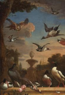 Melchior D\'Hondecoeter - A Classical Garden Landscape With A Mallard, A Golden Eagle And Other Wild Fowl In Flight