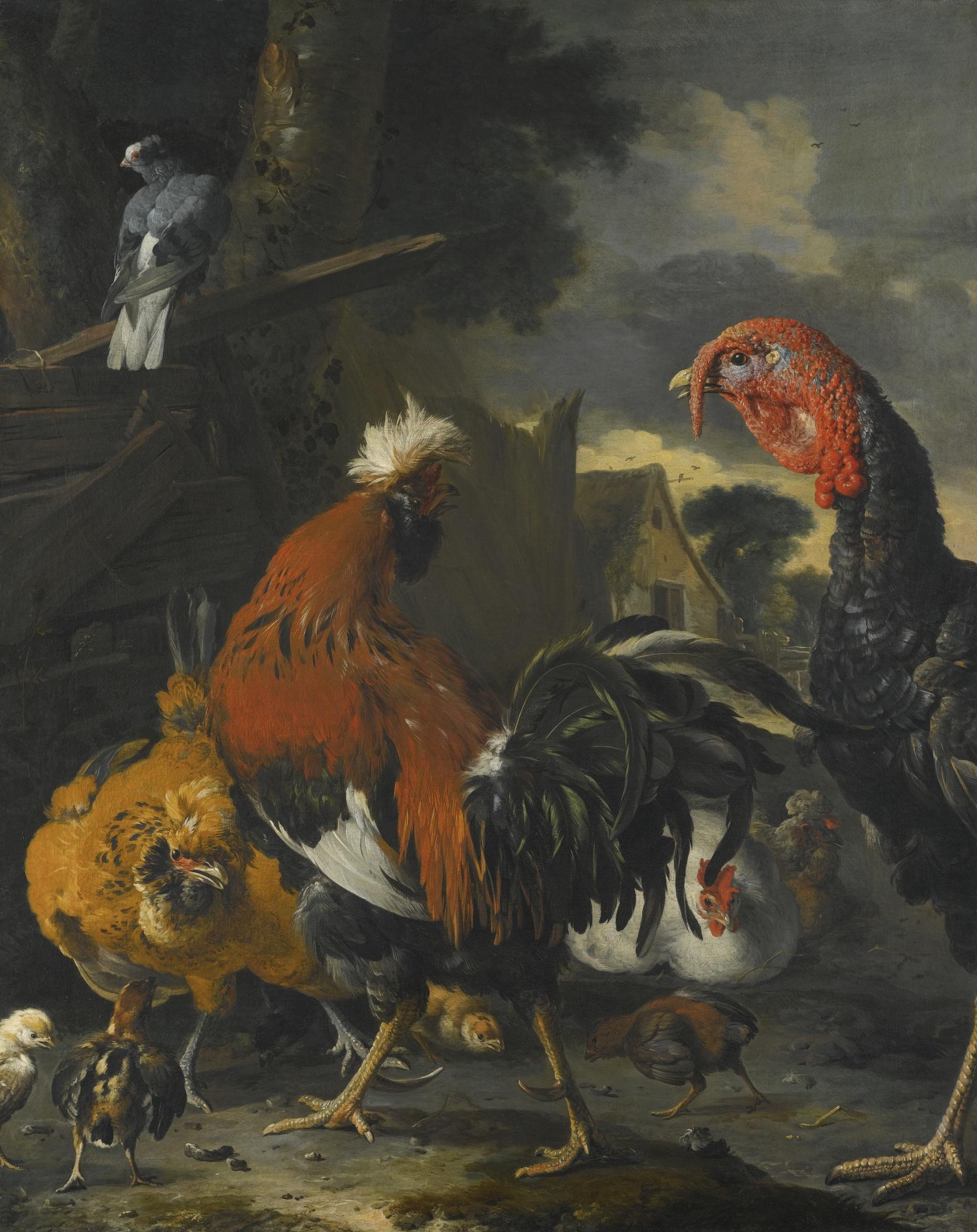 Melchior D\'Hondecoeter - A Cockerel, A Turkey, Hens And Chickens In A Farmyard