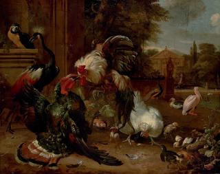 Melchior d\'Hondecoeter - A cockerel and a turkey fighting, hens, a parrot, a peacock, a muscovy duck, a pelican and other birds in a garden, a pond with a swan and a flamingo, a fountain and a palladian house beyond