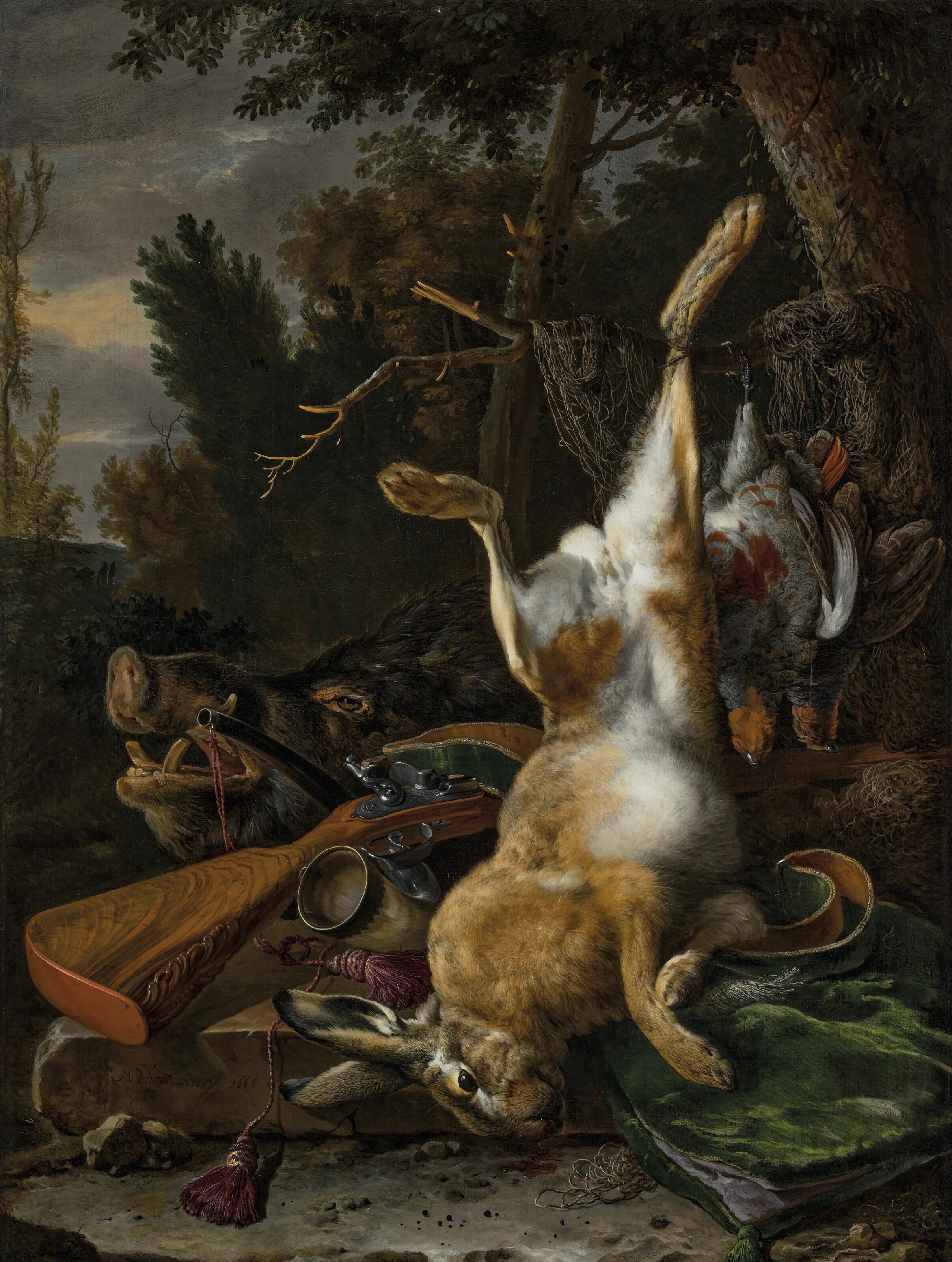 Melchior D\'Hondecoeter - A game still life with a hung hare, a boar\'s head and a musket in a landscape