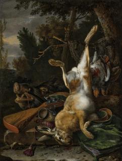 Melchior D\'Hondecoeter - A game still life with a hung hare, a boar\'s head and a musket in a landscape