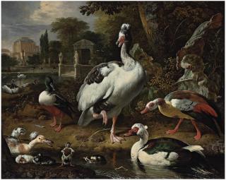 Melchior d\'Hondecoeter - A grey and white crested goose, a shoveler, a Muscovy duck, goslings, ducklings and other fowl in a park, elegant buildings beyond