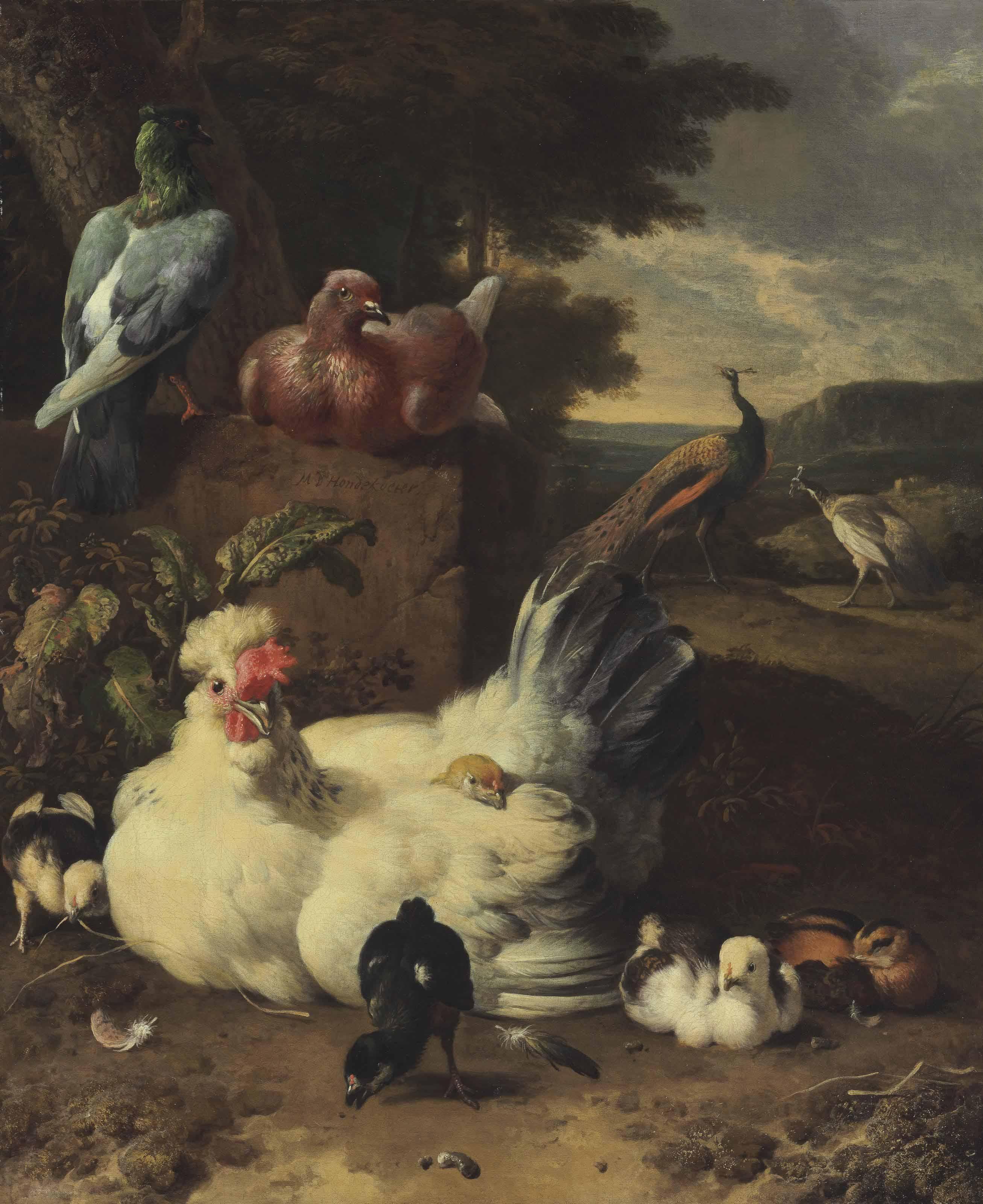 Melchior d\'Hondecoeter - A Hen, Chicks, Doves And Peacocks Beside A Stone Wall In A Landscape