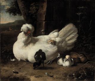 Melchior d\'Hondecoeter - A hen with chicks in a landscape