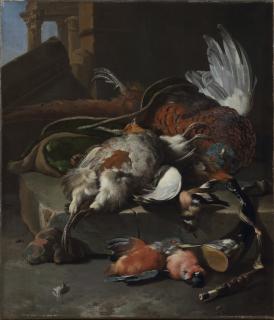 Melchior D\'Hondecoeter - A hunting still life with a partridge, a pheasant and finches, together with a hunting sack and a powderflask on a stone ledge