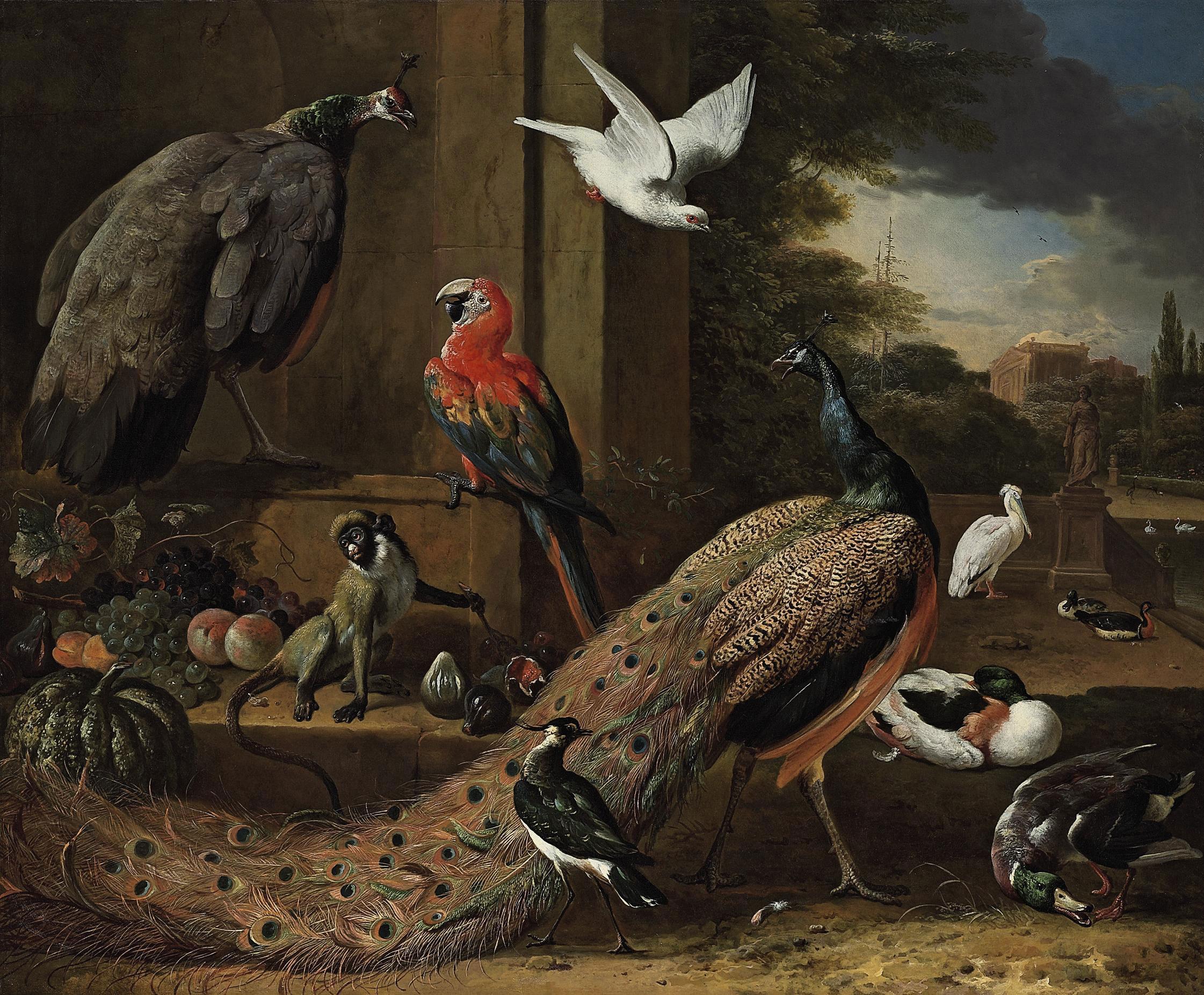 Melchior d\'Hondecoeter - A peacock, a peahen, a monkey and other birds on a terrace