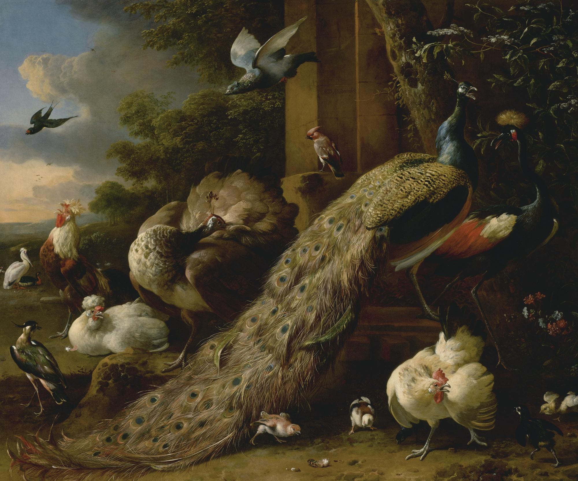 Melchior d\'Hondecoeter - A Peacock And Pea Hen With A Crane, Chickens And Other Birds In A Landscape