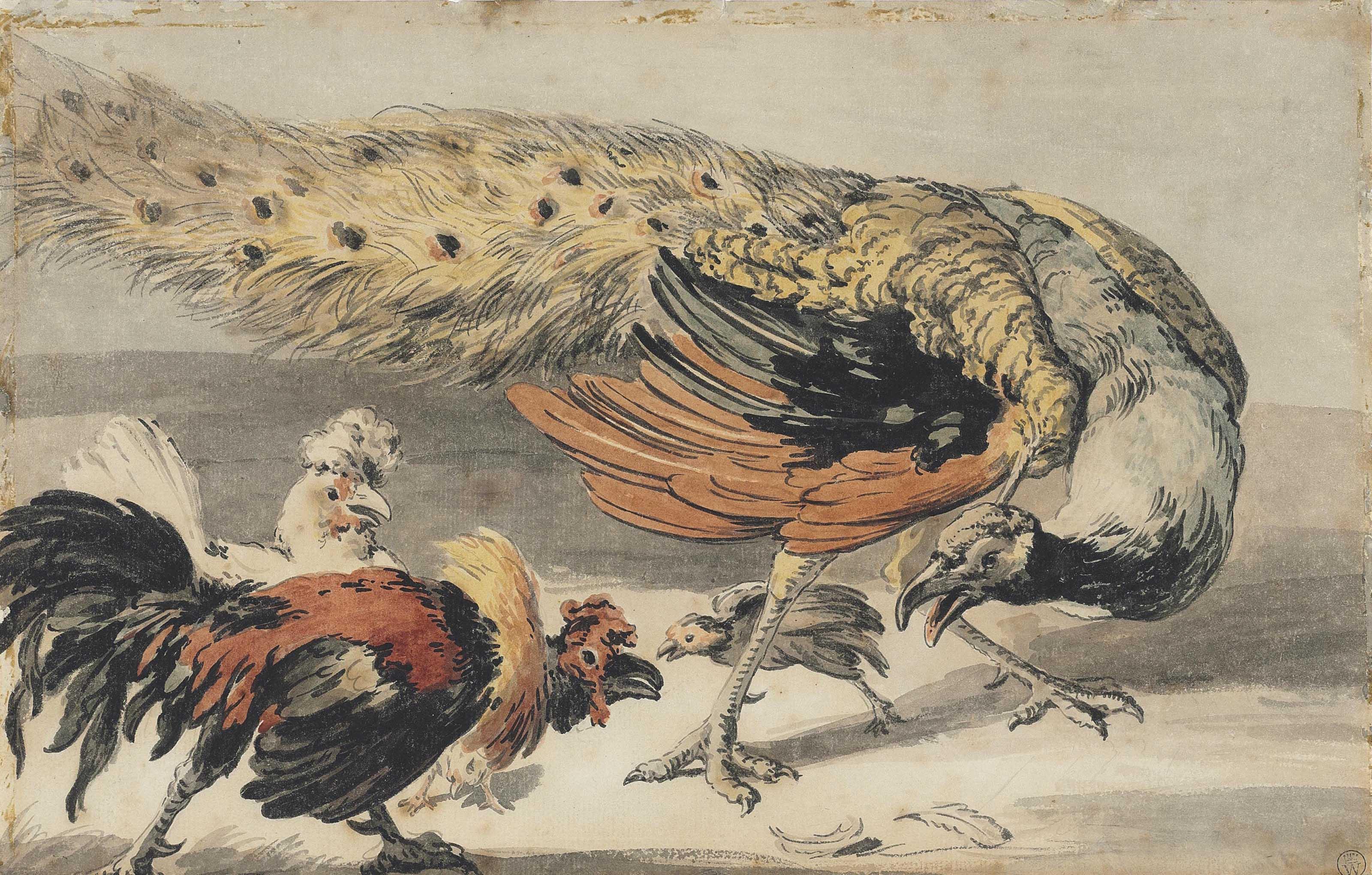 Melchior D\'Hondecoeter - A peacock and poultry